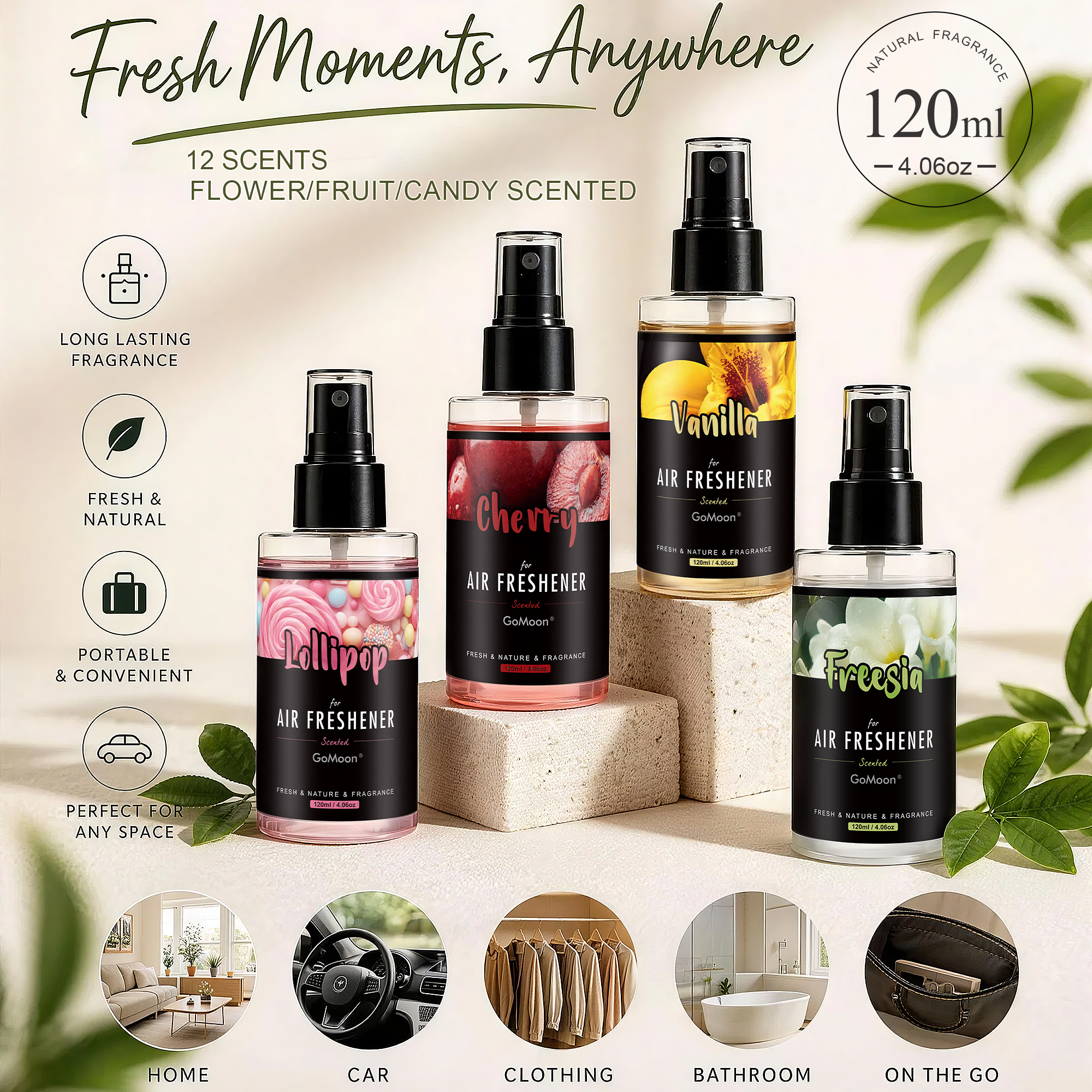Home Spray Fragrance - flower/fruit/candy scent car fragrance spray, 120ml/4.06oz
